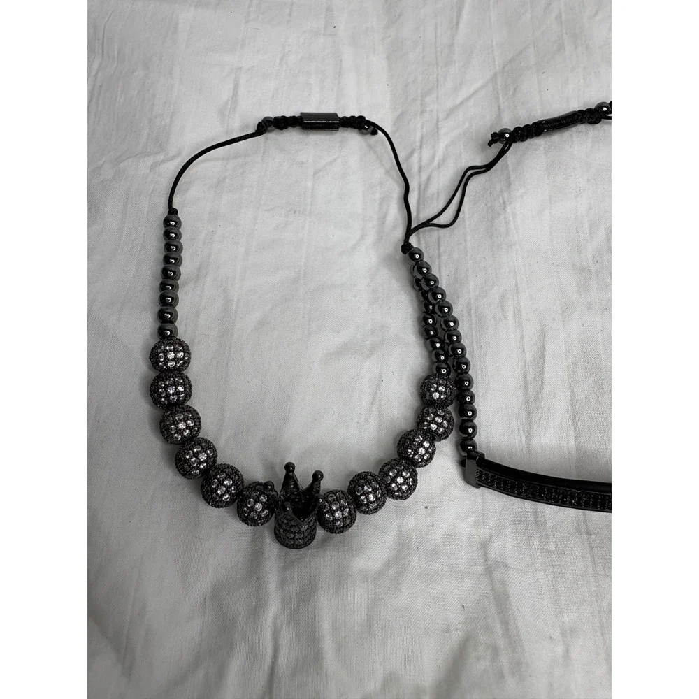 Mens Black Beaded Bracelets Crown Bar Square Accent Set 3